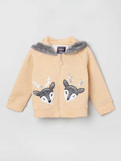 

max Girls Yellow Self Design Hooded Sweatshirt