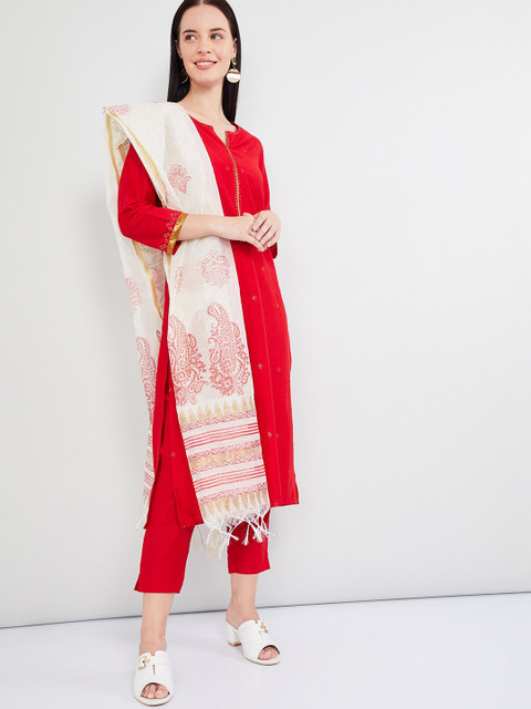 

max Women Red & Cream-Coloured Printed Kurta with Trousers & Dupatta