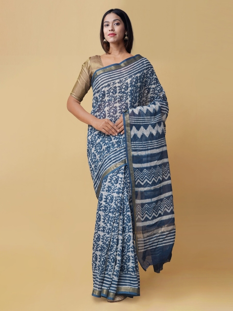 

Unnati Silks Navy Blue Pure Cotton Printed Kota Saree