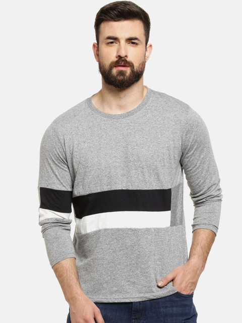 

Campus Sutra Men Grey Striped Round Neck T-shirt