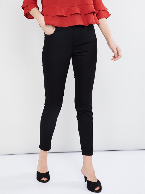

max Women Black Slim Fit Solid Regular Trousers