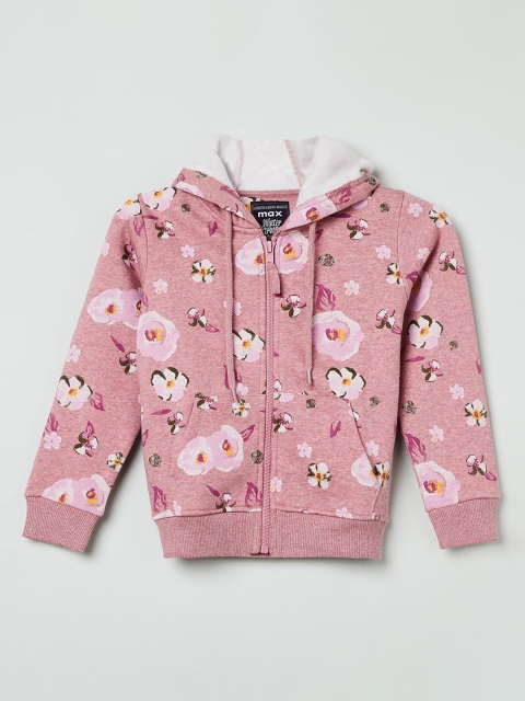 max Girls Pink Printed Hooded Sweatshirt