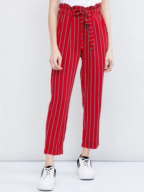 

max Women Red & Off-White Regular Fit Striped Regular Trousers