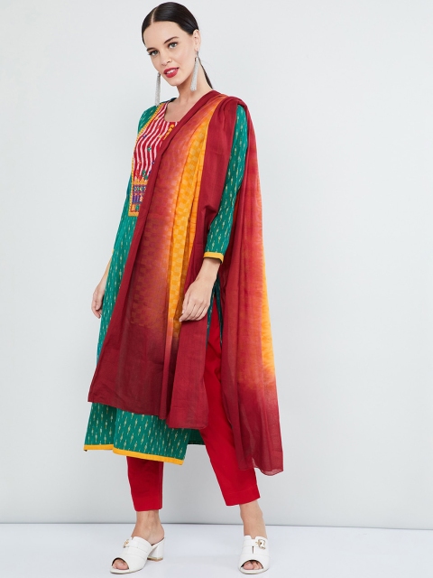 

max Women Green & Red Printed Kurta with Trousers & Dupatta