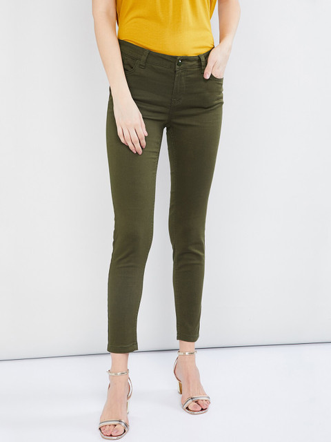 

max Women Olive Green Skinny Fit Solid Regular Trousers