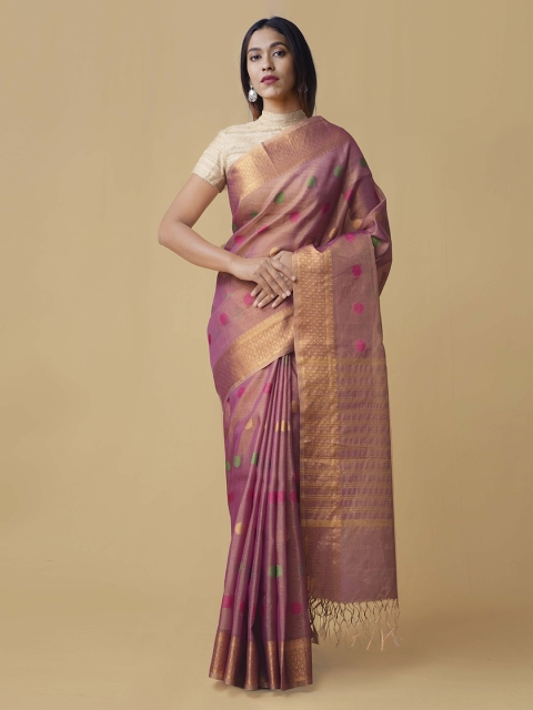 

Unnati Silks Pink & Gold-Toned Silk Blend Woven Design Handloom Banarasi Saree