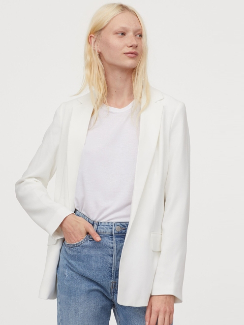 

H&M Women White Solid Casual Long Jacket