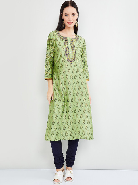 

max Women Green & Navy Blue Embroidered Kurta with Churidar & Dupatta