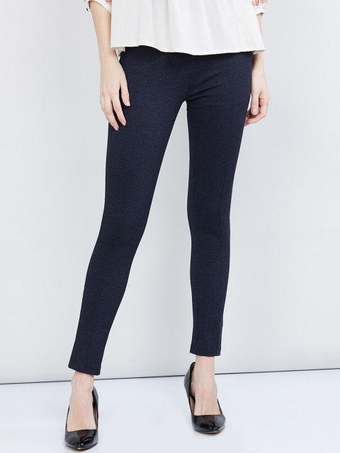 

max Women Navy Blue Solid Skinny-Fit Treggings