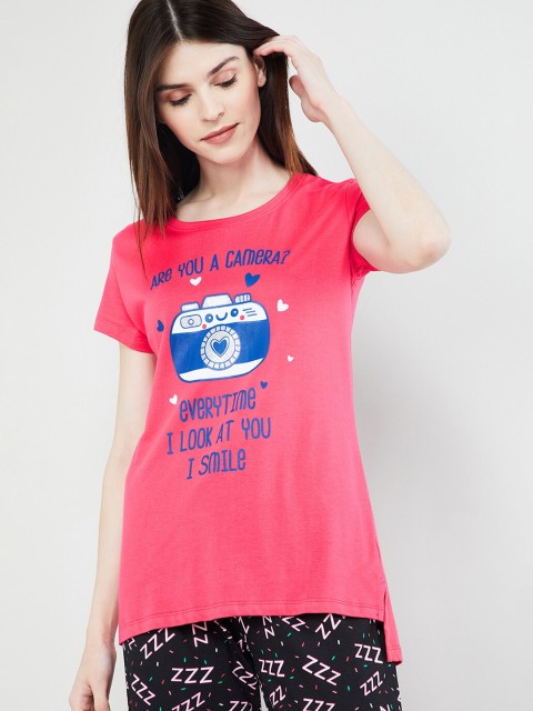 

max Women Pink & Blue Typography Printed Lounge T-Shirt