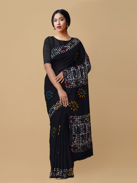 

Unnati Silks Black & Yellow Pure Cotton Batik Printed Kota Saree