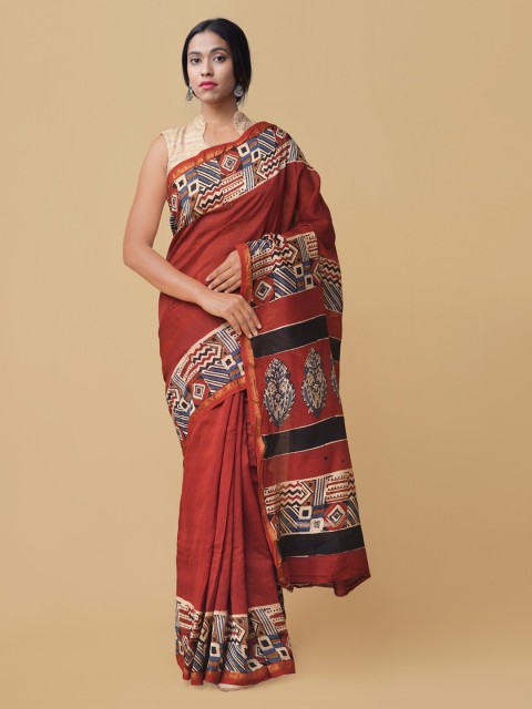 

Unnati Silks Women Rust Pure Chanderi Sico Saree with Bagru Prints
