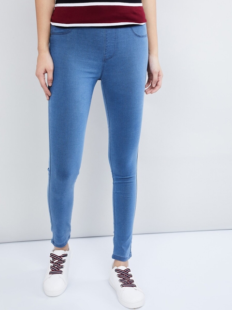 

max Women Blue Solid Skinny-Fit Jeggings