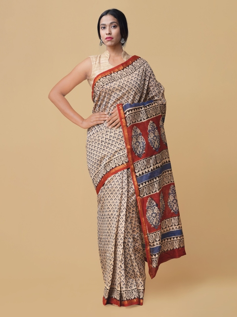 

Unnati Silks Beige & Orange Silk Cotton Printed Chanderi Saree