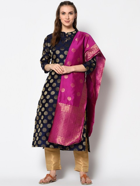 

DIVASTRI Navy Blue & Beige Silk Blend Unstitched Dress Material