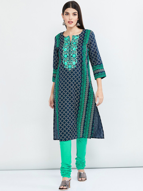 

max Women Blue & Green Printed Kurta with Churidar & Dupatta