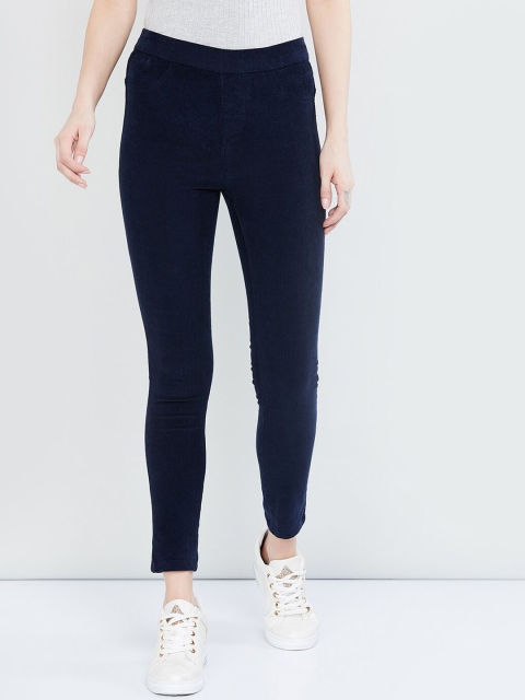 

max Women Navy Blue Slim Fit Solid Regular Trousers