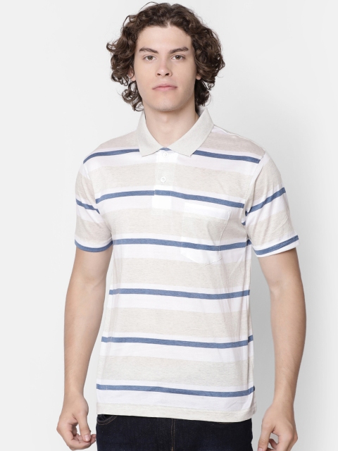 

IMYOUNG Men Beige & Blue Striped Polo Collar Slim Fit T-shirt