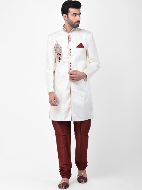 

SG LEMAN Men Off-White & Maroon Self Design Silk Kurta with Pyjamas