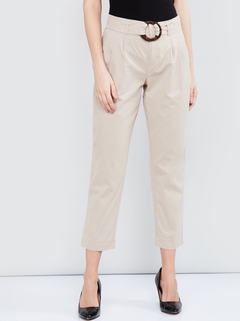 

max Women Beige Slim Fit Solid Regular Trousers