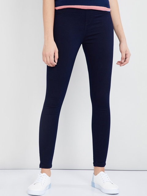 

max Women Navy Blue Solid Skinny-Fit Jeggings