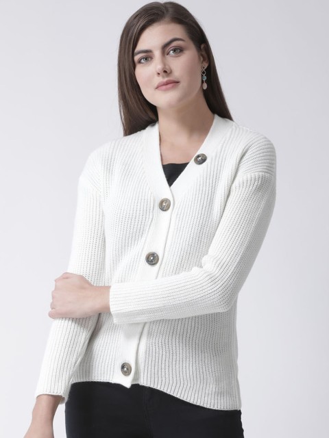 

Club York Women White Self Design Cardigan Sweater