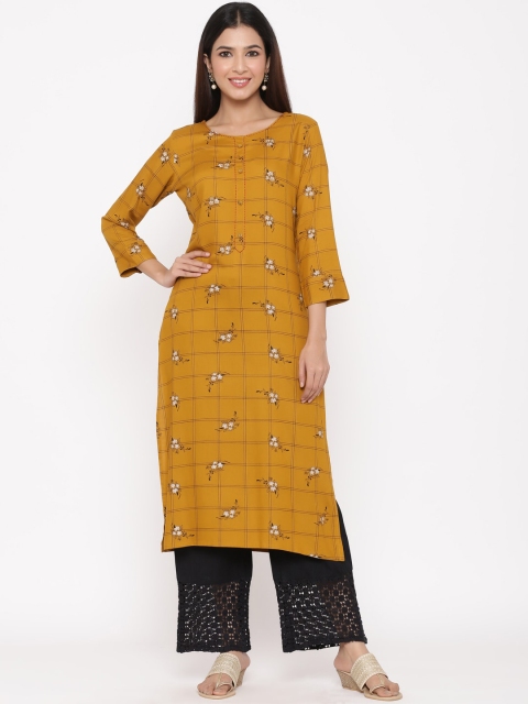

Juniper Women Mustard & Off-White Checked A-Line Kurta