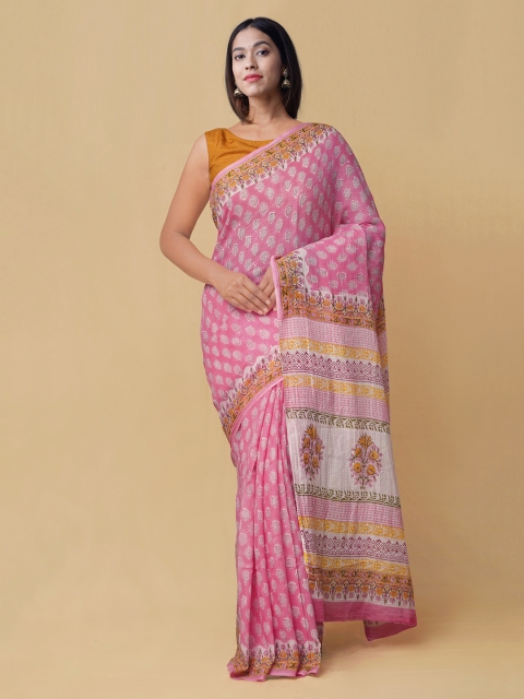 

Unnati Silks Pink Pure Cotton Printed Block Print Saree