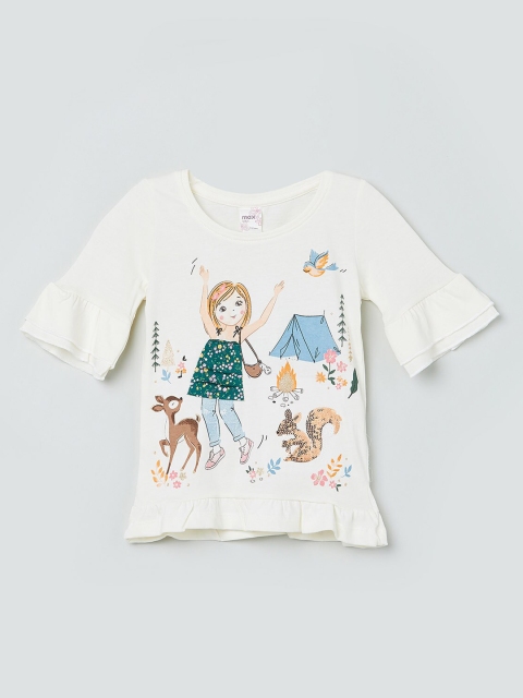

max Girls Cream-Coloured Printed Pure Cotton Top