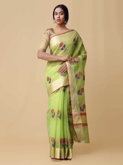 

Unnati Silks Green & Gold-Coloured Silk Cotton Woven Design Handloom Kota Saree
