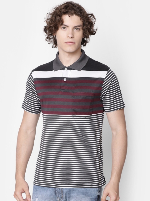 

IMYOUNG Men Grey & WHite Striped Polo Collar T-shirt