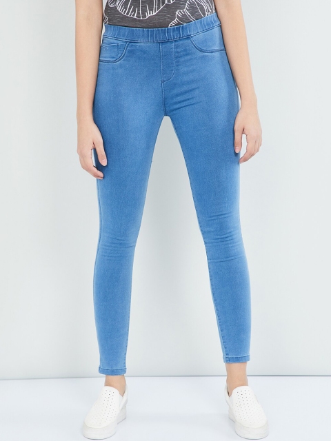 

max Women Blue Solid Skinny-Fit Jeggings