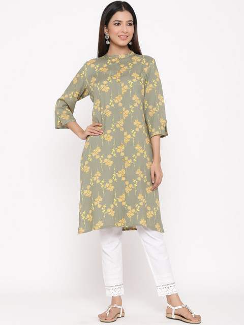 

Juniper Women Olive Green & Mustard Yellow Floral Print Straight Kurta
