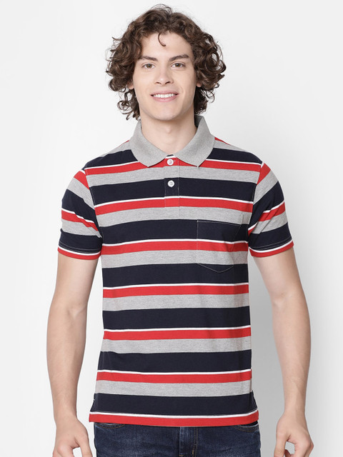 

IMYOUNG Men Grey Striped Polo Collar T-shirt