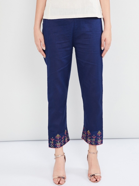 

max Women Navy Blue Regular Fit Solid Trousers