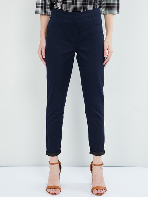 

max Women Navy Blue Slim Fit Solid Regular Trousers