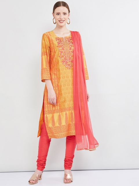 

max Women Mustard Yellow & Coral Printed Kurta with Churidar & Dupatta