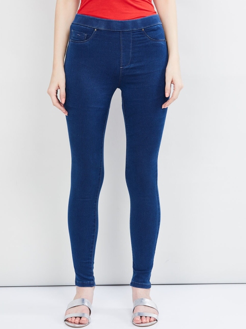 

max Women Blue Solid Skinny-Fit Jeggings