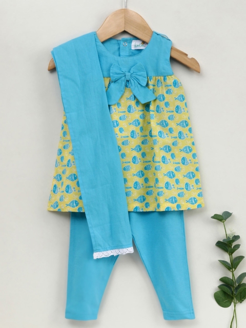 

Keebee Girls Blue & Yellow Printed Organic Cotton Sustainable Kurta with Salwar & Dupatta