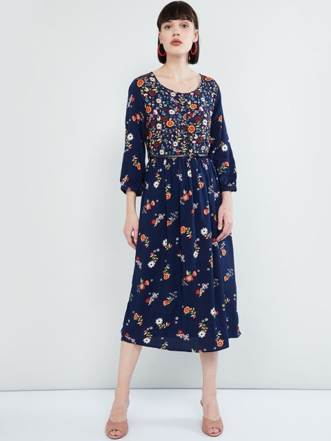 

max Women Navy Blue Printed A-Line Dress