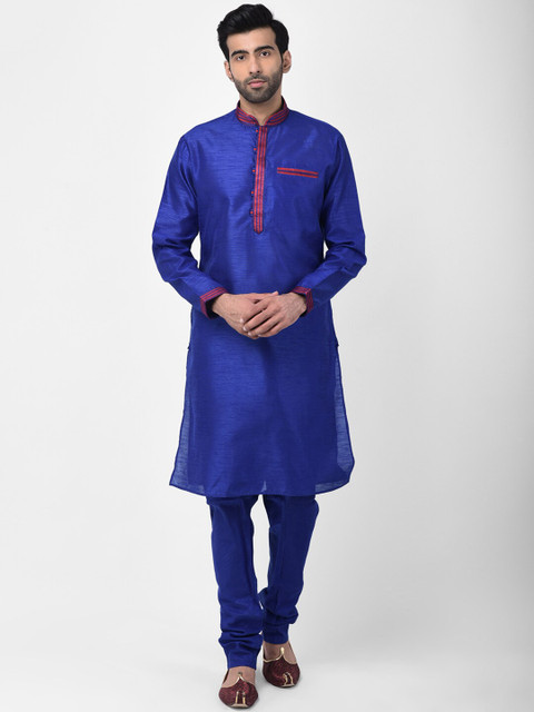 

SG LEMAN Men Blue Solid Silk Kurta with Churidar