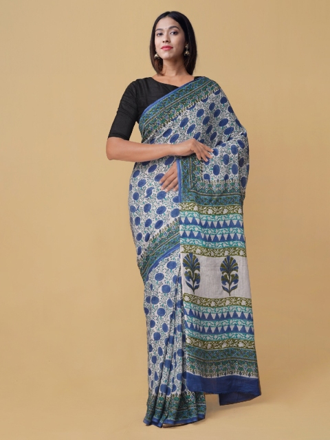 

Unnati Silks White & Blue Pure Mulmul Cotton Saree with Hand Blocks Prints