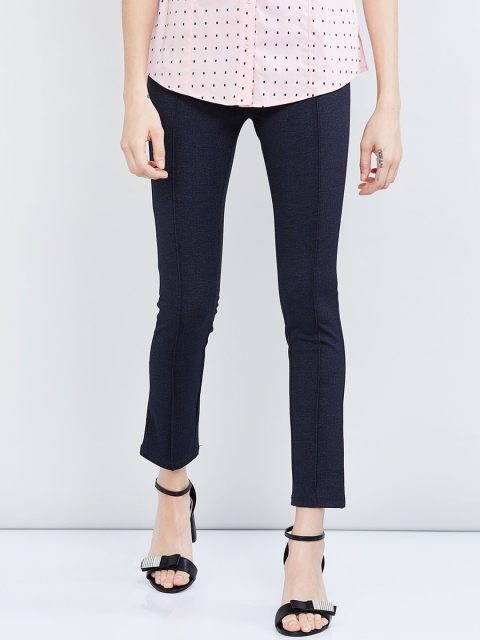 

max Women Navy Blue Solid Skinny-Fit Treggings
