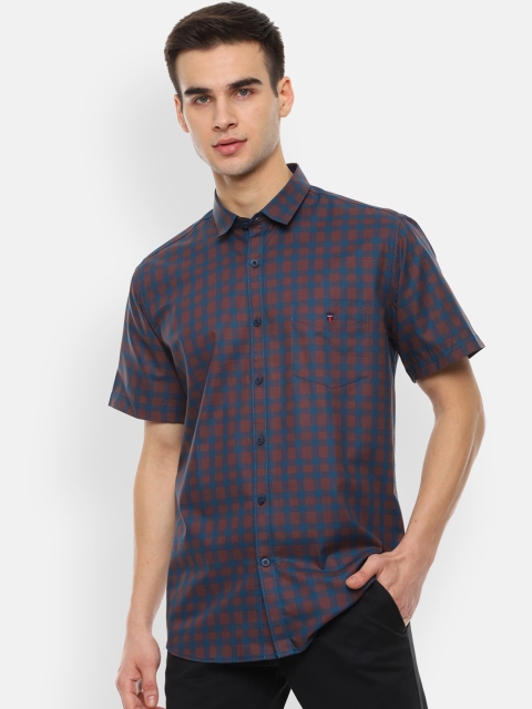 Louis Philippe Sport Men Navy Blue & Brown Slim Fit Checked Casual Shirt