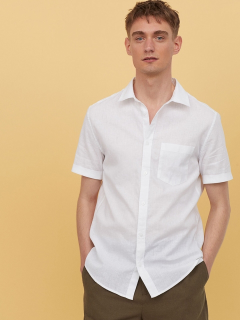 

H&M Men White Solid Linen-Blend Shirt Slim Fit