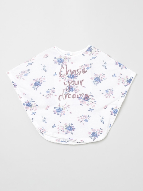 

max Girls White & Blue Floral Print Batwing Sleeves A-Line Top