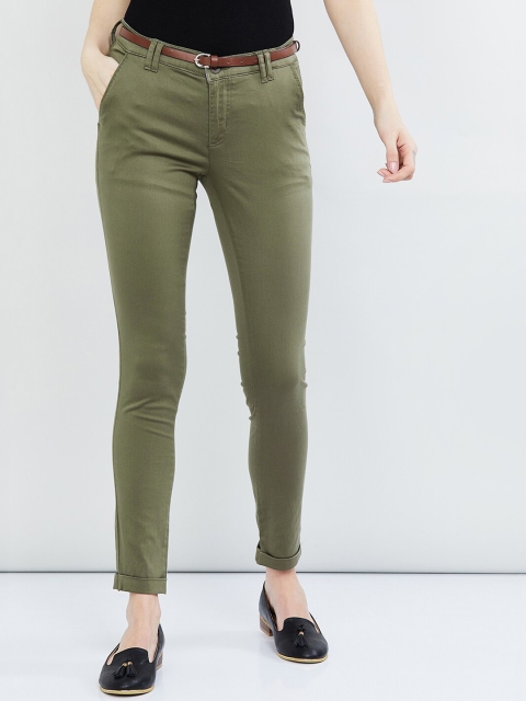

max Women Olive Green Slim Fit Solid Regular Trousers