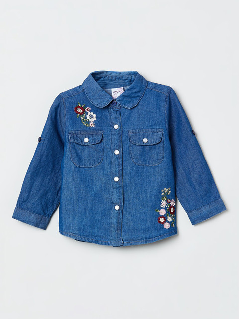 

max Girls Blue Regular Fit Solid Floral Embroidered Denim Casual Shirt