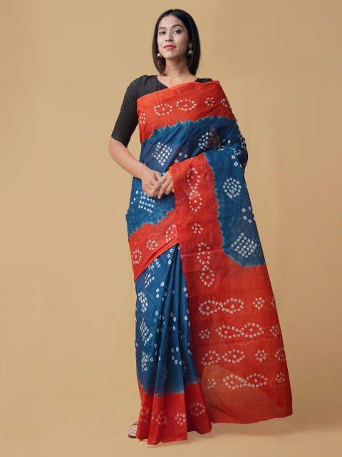

Unnati Silks Blue & Orange Pure Cotton Dyed Bandhani Saree