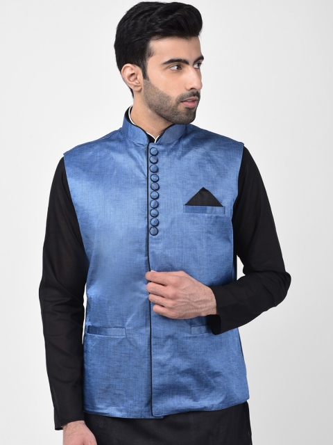 

SG LEMAN Men Navy Blue Solid Satin Nehru Jacket